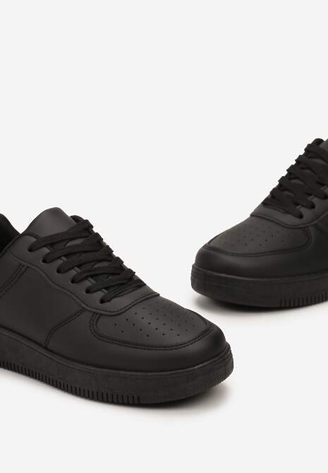 Czarne Sneakersy ze Ekoskóry ze Sznurowaniem i Przeszyciami Borsana