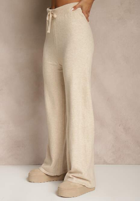 Jasnobeżowy Komplet z Dzianiny z Wełną Długi Kardigan Kamizelka i Spodnie Netivia