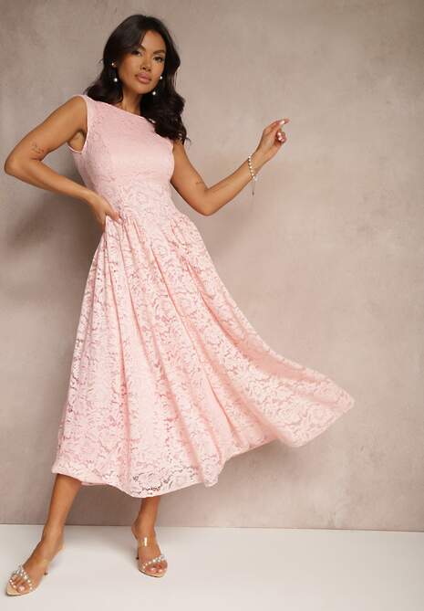 Różowa Rozkloszowana Sukienka z Koronki z Wycięciem na Plecach Meltewia