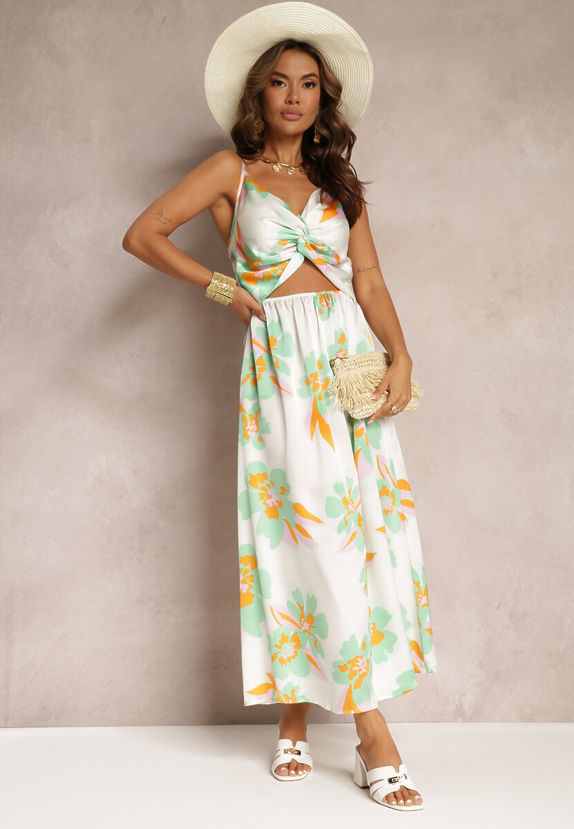 Biało-Zielona Sukienka Maxi z Wycięciem na Brzuchu i Gumką w Pasie Rlice