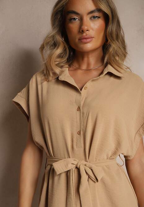 Jasnobrązowa Pudełkowa Sukienka z Bawełną i Paskiem Savorienne