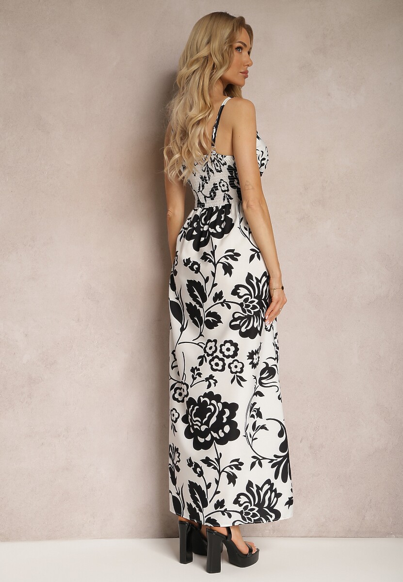 Czarno-Biała Sukienka z Gumkami na Plecach Ściągana w Talii z Regulowanymi Ramiączkami Falora