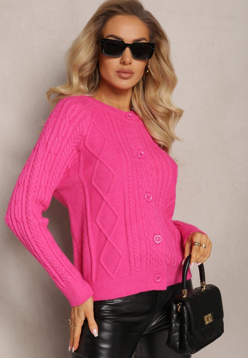 Fuksjowy Zapinany Kardigan w Warkoczykowy Splot Escrivine