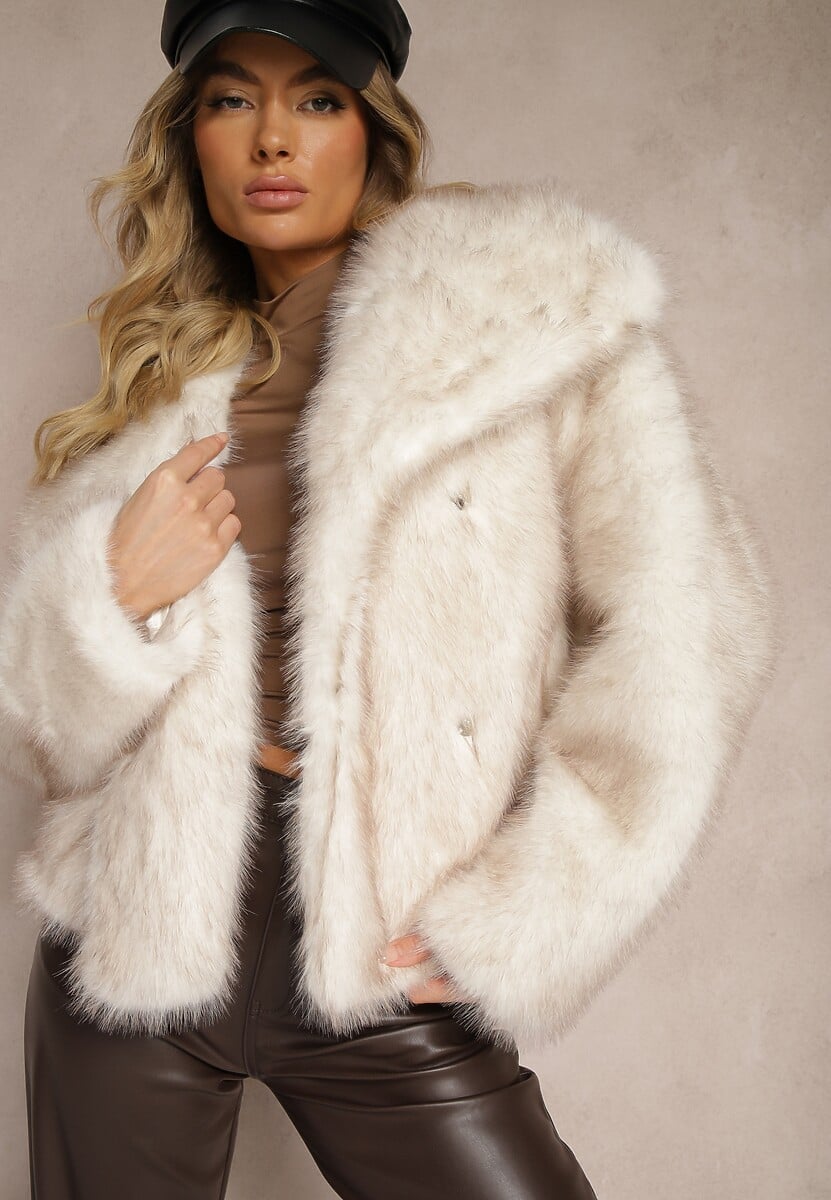 Bordowa Kurtka ze Sztucznego Futra Ozdobiona Kołnierzem Meriian