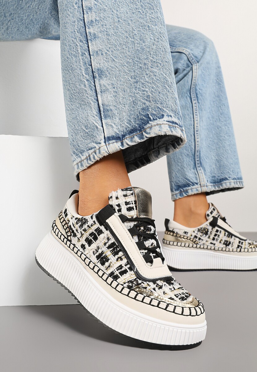 Biało-Różowe Sneakersy z Tweedowymi Zdobieniami i Przeszyciami na Platformie Ulandrelia