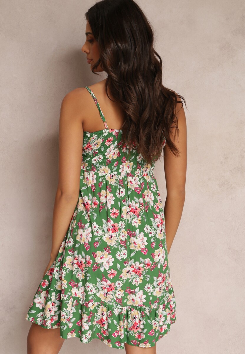 Zielona Rozkloszowana Sukienka z Guzikami w Kwiaty z Wiskozy Serilda