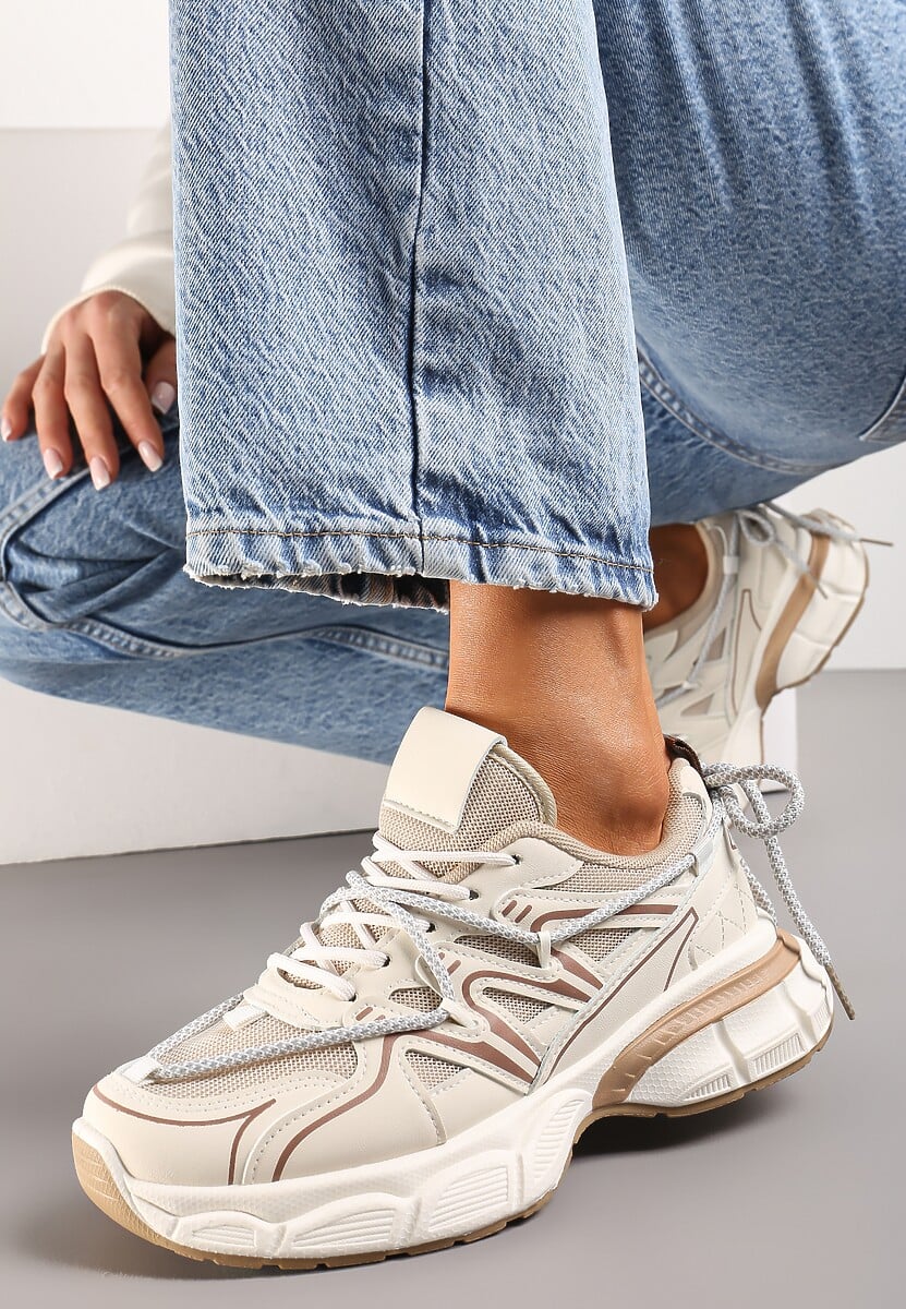 Beżowe Sneakersy z Siateczką na Podeszwie z Wycięciami i Ozdobnym Wiązaniem Dorila