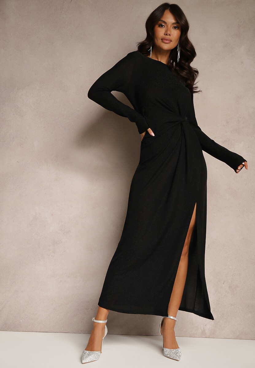 Czarna Koktajlowa Sukienka z Wiskozą Supłem i Metaliczną Nitką Ninnorae