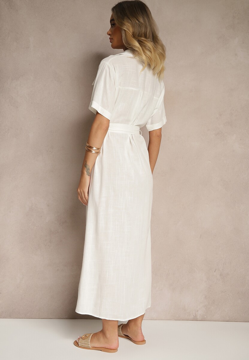 Biała Sukienka z Lnu i Wiskozy o Koszulowym Fasonie Weolara