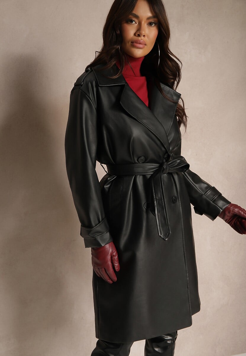 Czarny Dwurzędowy Płaszcz o Fasonie Trencza z Ekoskóry z Paskiem Musina