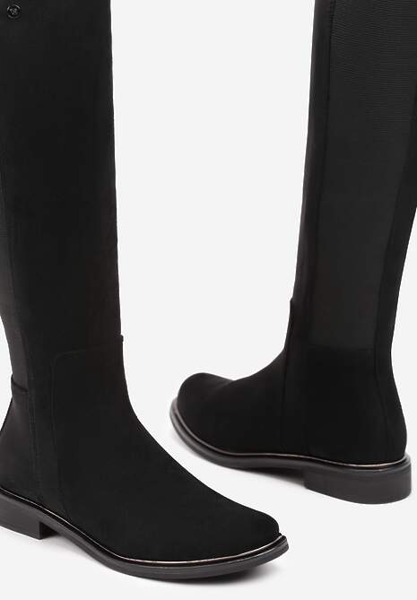 Czarne Kozaki z Ekozamszu na Płaskiej Podeszwie w Stylu Oficerek z Gumką Ansista