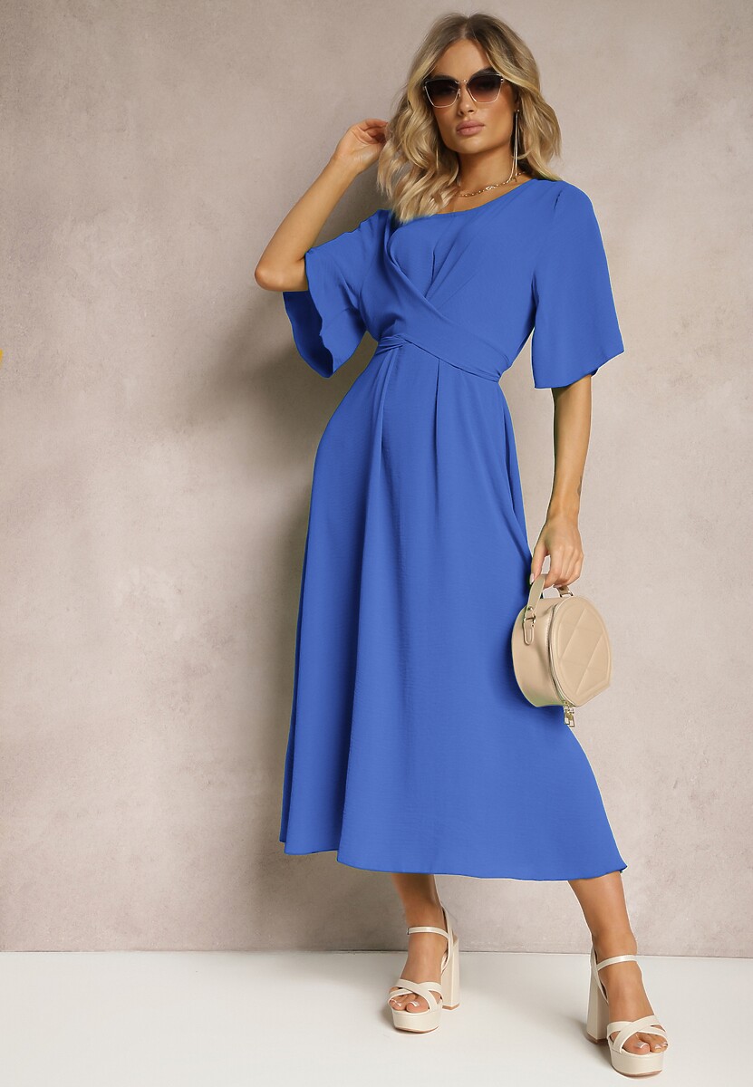 Granatowa Rozkloszowana Sukienka Maxi z Szerokim Rękawem i Gumką w Pasie Sador