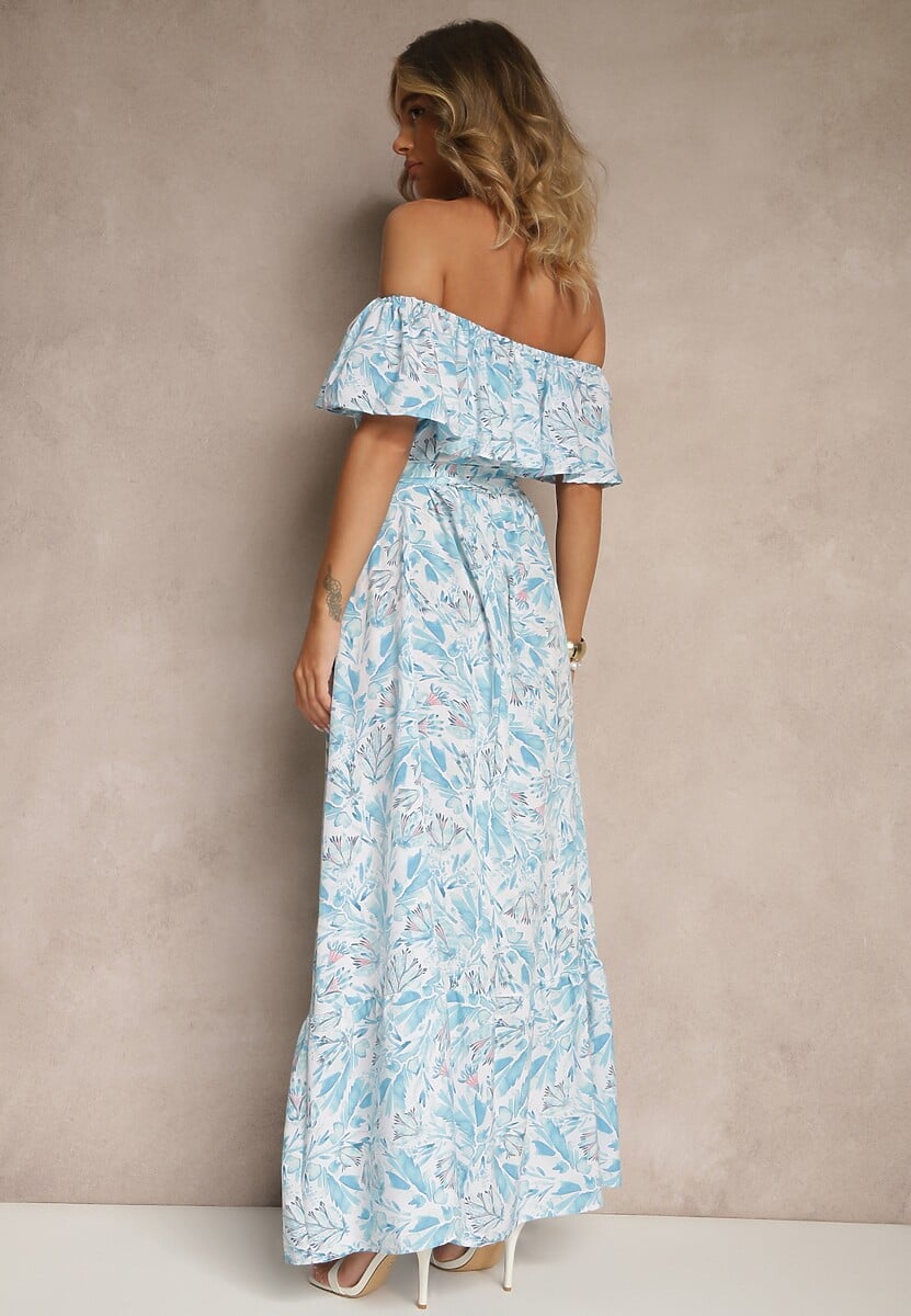 Niebieska Kwiatowa Sukienka Typu Hiszpanka z Bawełną Tiarice