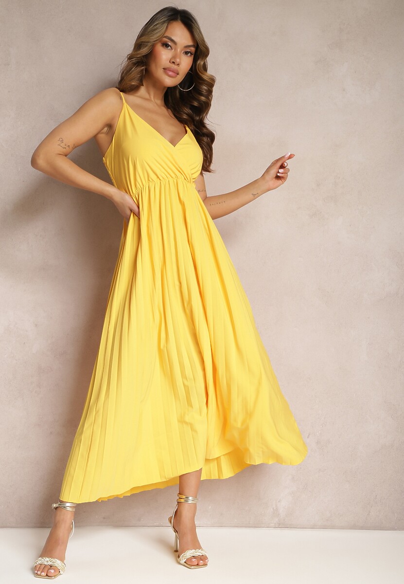 Żółta Długa Sukienka Kopertowa o Rozkloszowanym Kroju na Ramiączkach Kaemera