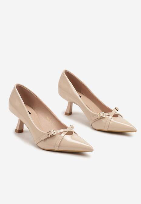 Beżowe Czółenka Lakierowane na Szpilce w Stylu Kaczuszki Ozdobione Paskami Laloma