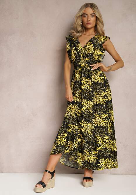 Czarna Rozkloszowana Sukienka z Wiskozy Maxi z Kopertowym Dekoltem Luksia