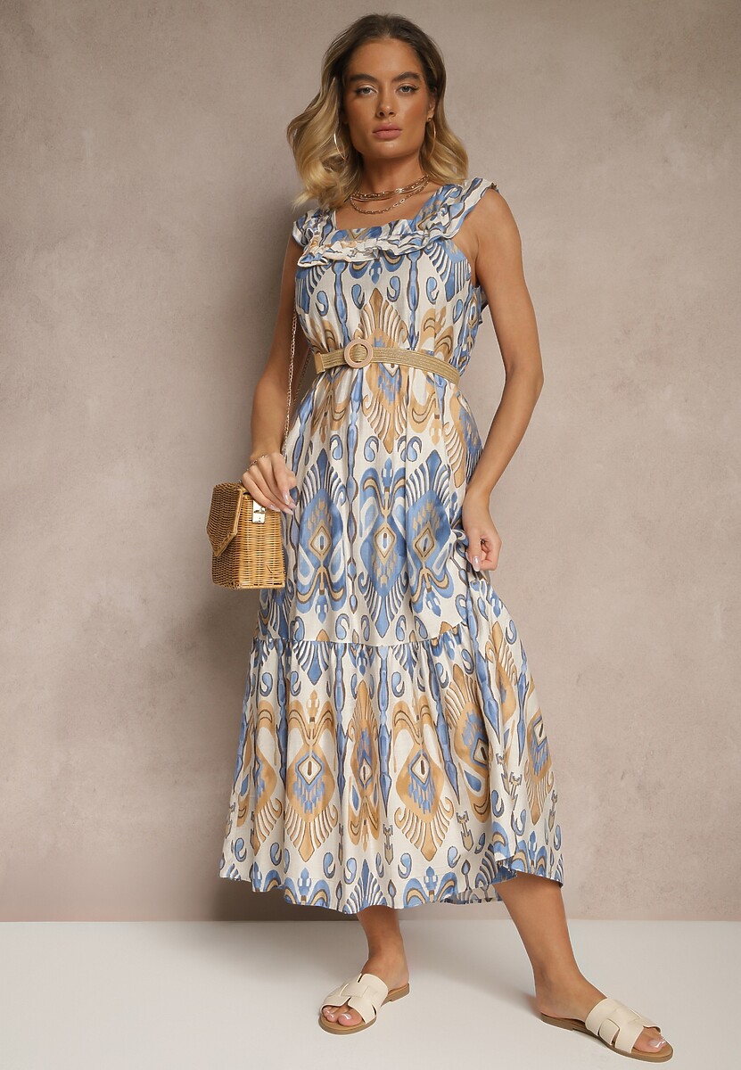 Niebieska Sukienka Rozkloszowana Wiskozowa Wiązana na Plecach we Wzór Boho Turieza