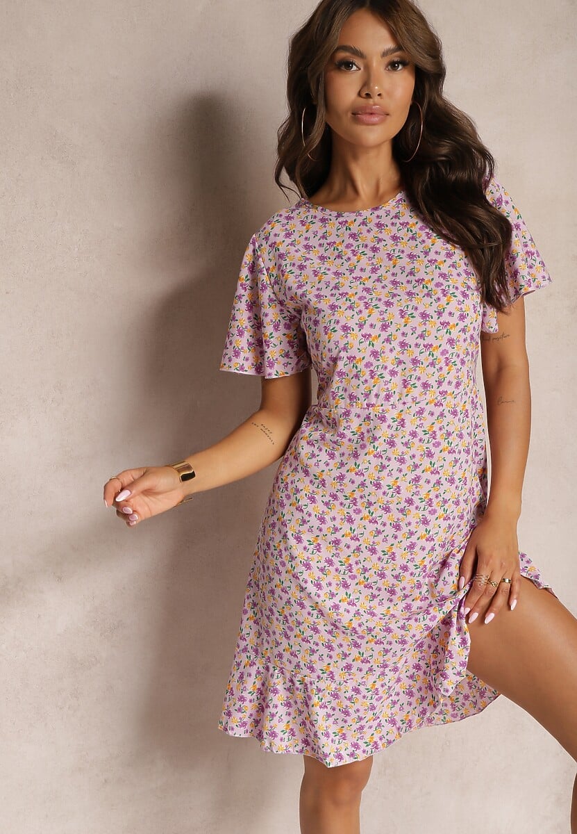 Niebieska Sukienka Midi o Pudełkowym Kroju w Kwiaty Kimbr