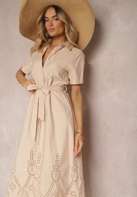 Beżowa Bawełniana Sukienka o Ażurowym Wykończeniu z Paskiem w Talii Zapinana na Guziki Dimosha