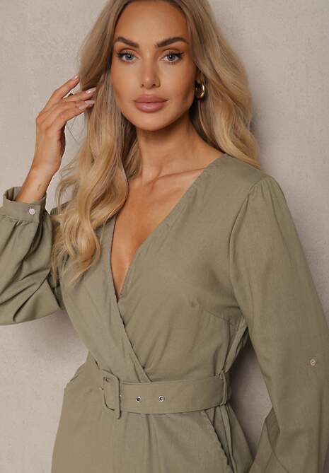 Zielony Kopertowy Kombinezon z Bawełny z Dodatkowym Paskiem i Gumką w Talii Rinnarela