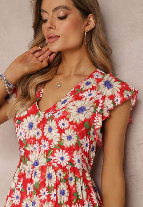 Czerwona Taliowana Sukienka Mini w Kwiaty z Gumką w Talii Teziovi