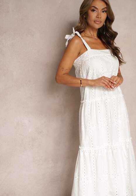 Biała Sukienka na Ramiączkach z Bawełny z Ozdobnym Haftem i Kokardkami Rennea