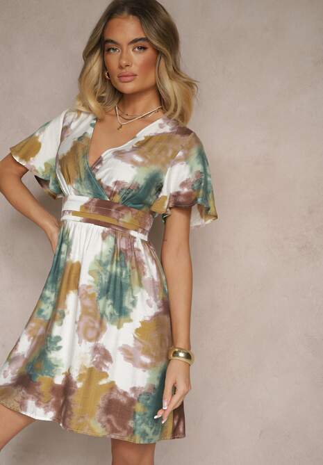 Zielona Kopertowa Sukienka z Wiskozą i Abstrakcyjnym Wzorem Feledia