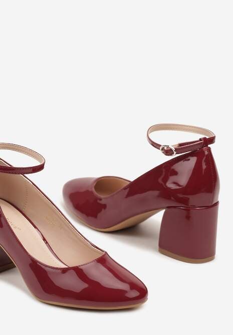 Bordowe Czółenka Lakierowane na Słupku Zapinane przy Kostce Dlitara