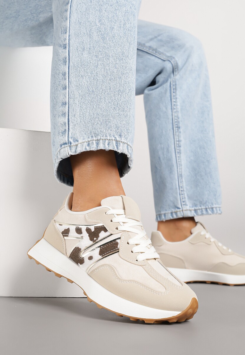 Beżowo-Brązowe Sneakersy Ozdobione Geometrycznym Motywem w Krowie Łaty Rilameia