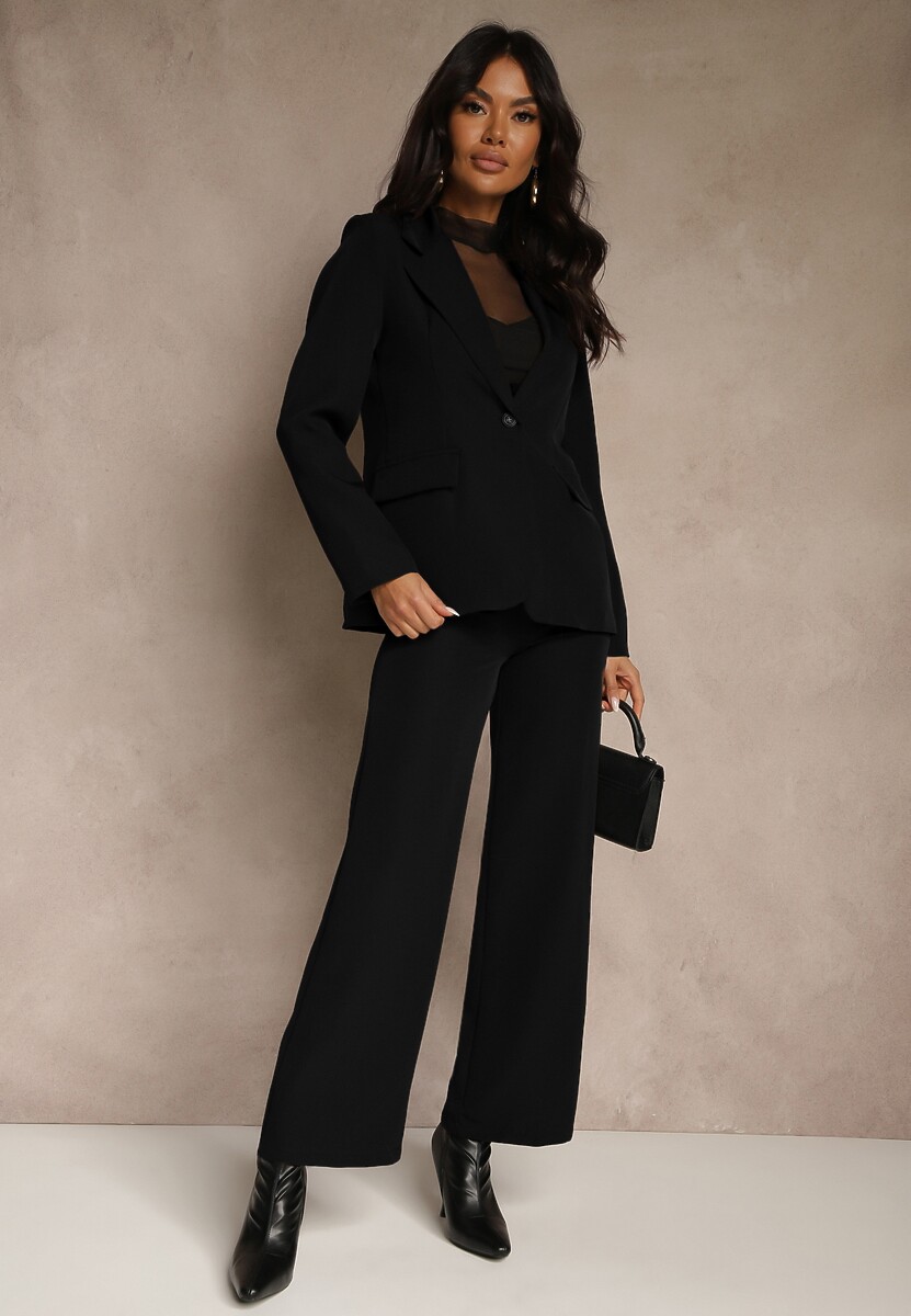 Czarny Komplet Garniturowy z Wiskozą Spodnie Wide Leg i Marynarka na Guzik Tevrina