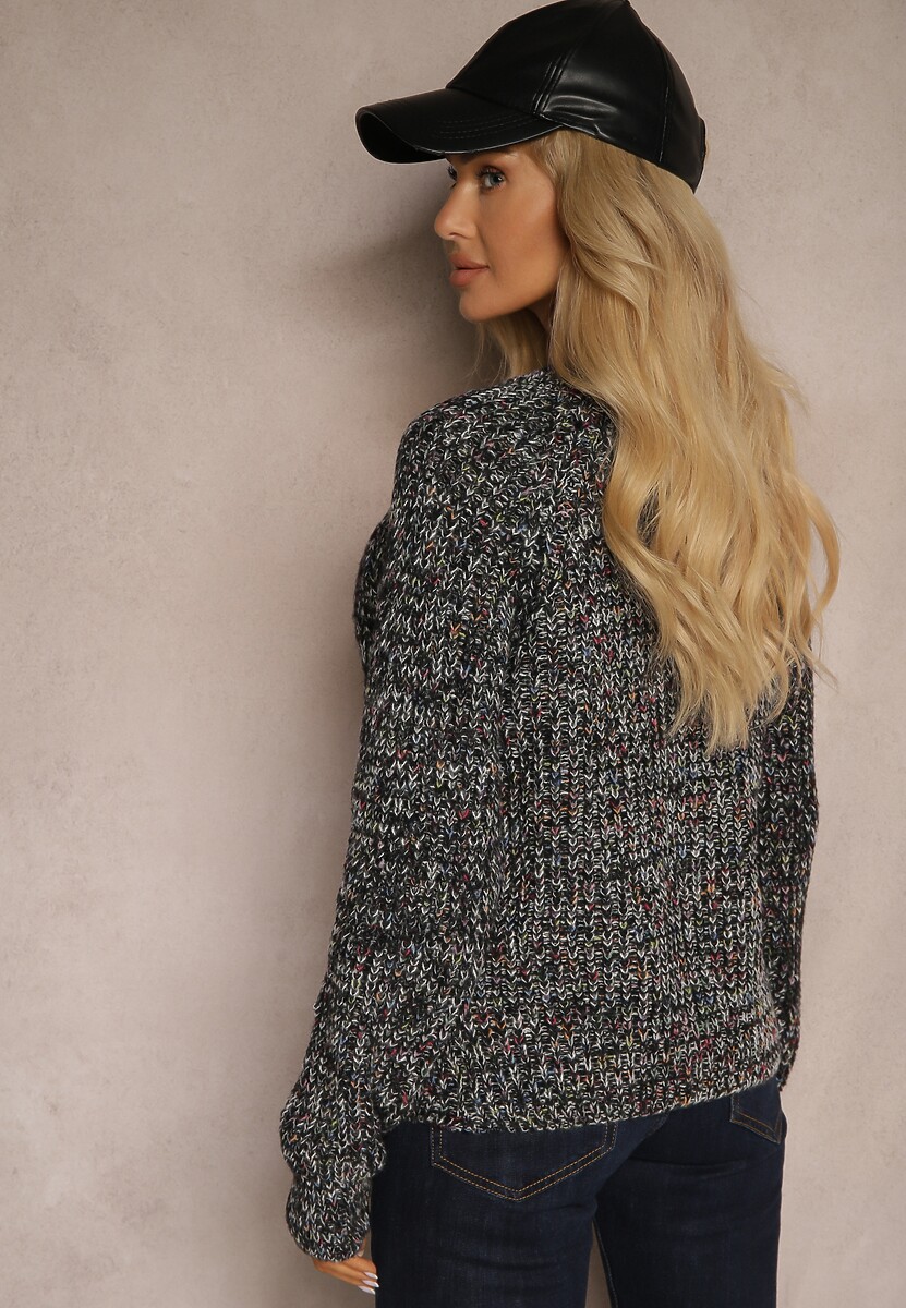 Czarny Sweter z Dodatkiem Wełny z Tłoczonym Zdobieniem i Kolorową Nitką Terivana