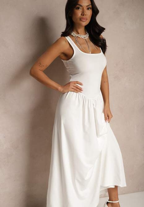 Biała Rozkloszowana Sukienka z Wiskozą i Kwadratowym Dekoltem Ravvia