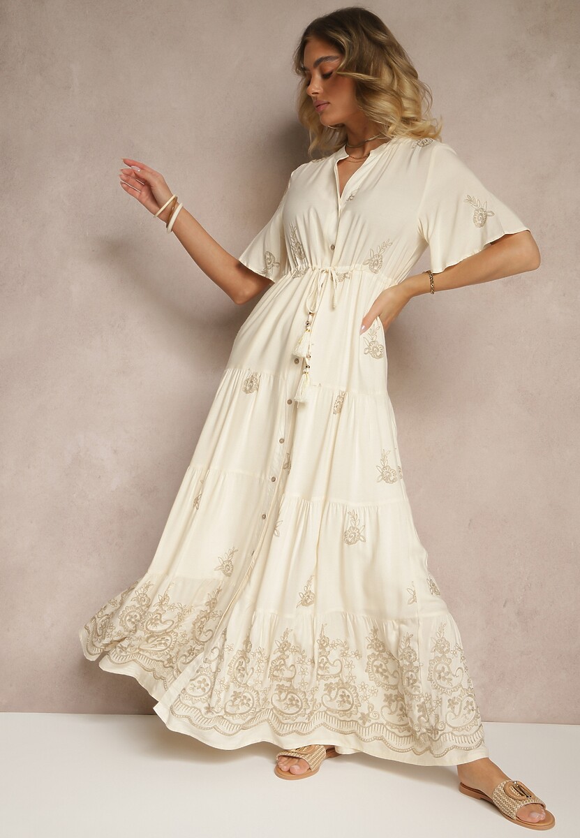 Beżowa Rozkloszowana Sukienka Boho z Wiskozy Zdobiona Haftem i Wiązaniem Falvania