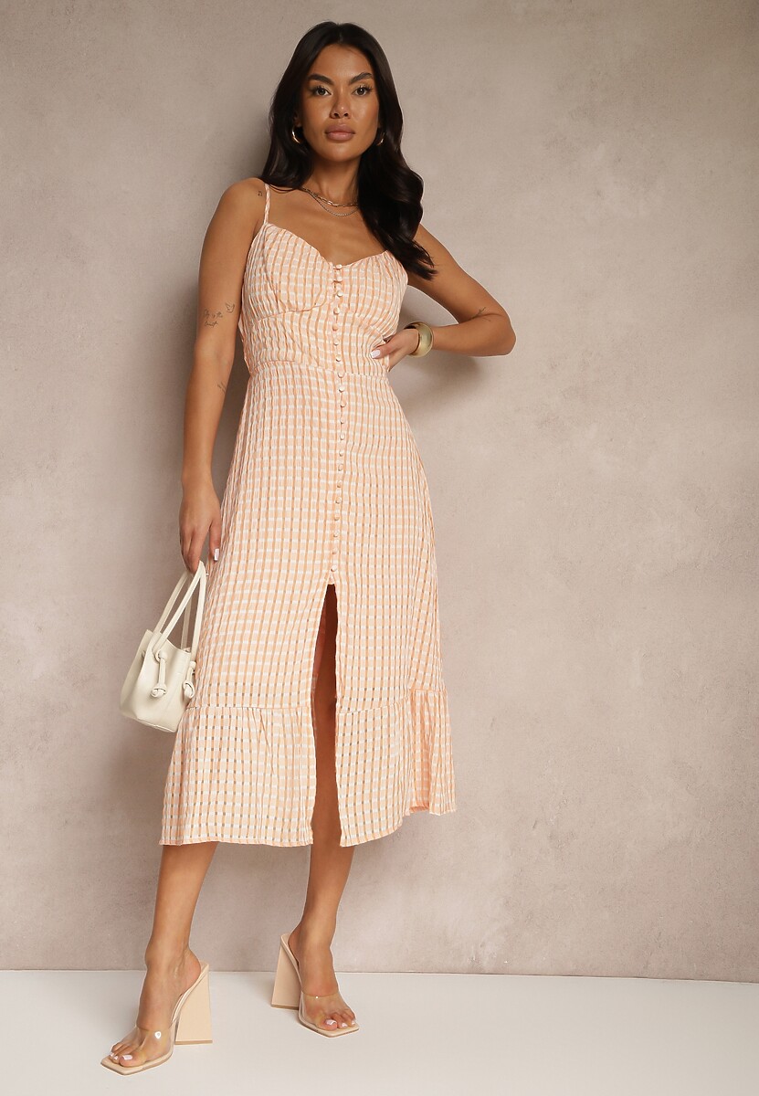 Pomarańczowa Rozkloszowana Sukienka z Wiskozą na Cienkich Ramiączkach z Guzikami Efrisela