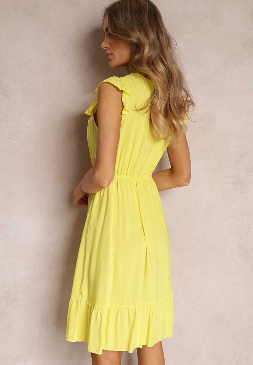 Żółta Kopertowa Sukienka z Gumką w Pasie i Falbankami Nairria