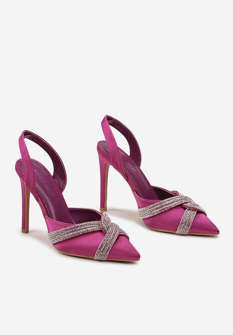 Fioletowe Sandały Ozdobione Cyrkoniami na Paseczkach na Szpilce Handla