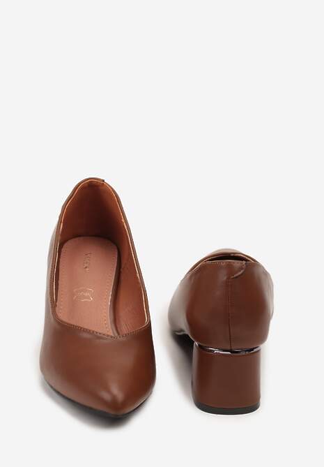 Brązowe Czółenka Vices na Słupku z Wkładką ze Skóry Naturalnej z Metaliczną Ozdobą Mixin