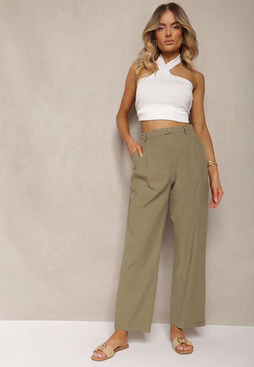 Zielone Bawełniane Spodnie Garniturowe z Szerokimi Nogawkami Befia