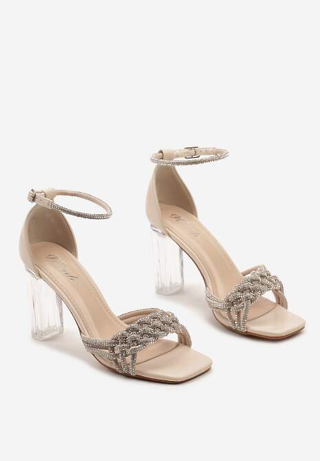 Beżowe Sandały z Ekoskóry na Transparentnym Słupku Zdobione Cyrkoniami ze Sprzączką Lotesa