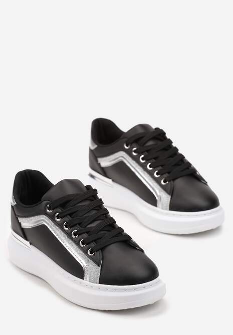 Czarne Sneakersy na Grubej Podeszwie z Brokatem Veneli