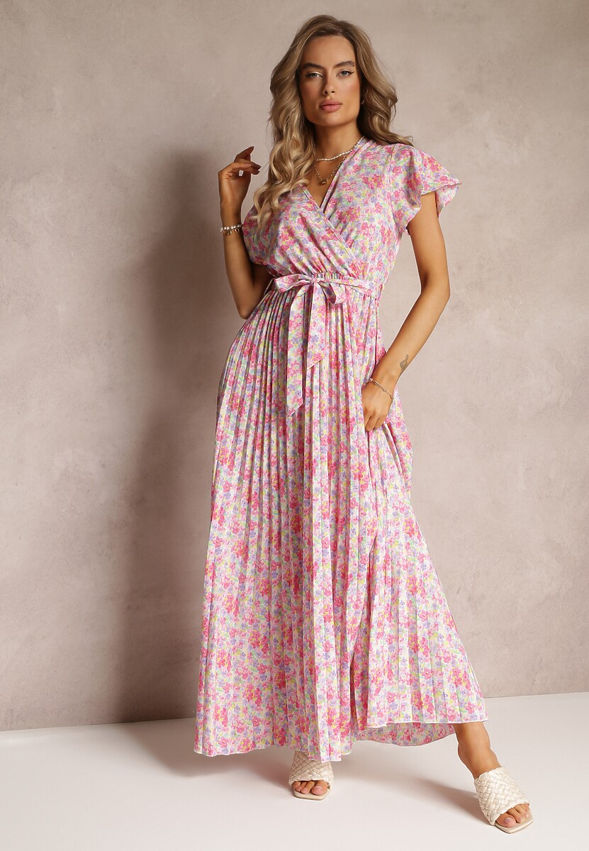 Jasnoróżowa Plisowana Sukienka Maxi w Kwiatki z Gumką w Talii Ikama