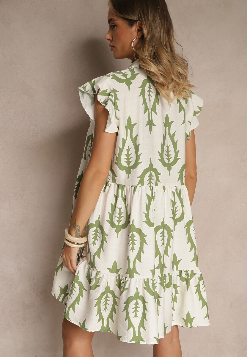 Zielona Koszulowa Sukienka z Lnem i Wiskozą o Rozkloszowanym Kroju Aranese