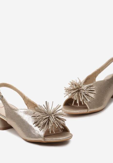 Złote Sandały Vices na Słupku ze Skórzaną Wkładką z Pomponem i Cyrkoniami Tiraga