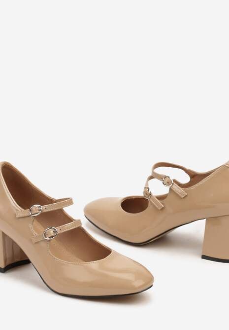 Beżowe Czółenka Lakierowane na Słupku Ozdobione Paskami i kwadratowym Noskiem Jalabine