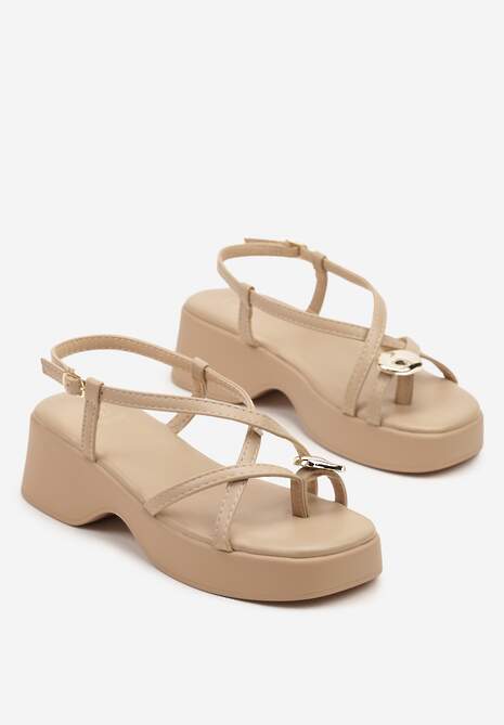 Ciemnobeżowe Sandały Japonki na Platformie z Metaliczną Wstawką Tirvanis