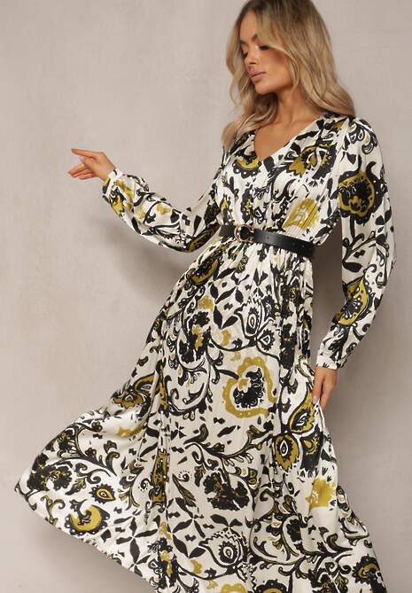 Beżowo-Zielona Długa Sukienka z Satyny z Gumką w Pasie i Ornamentalnym Printem Anoitia