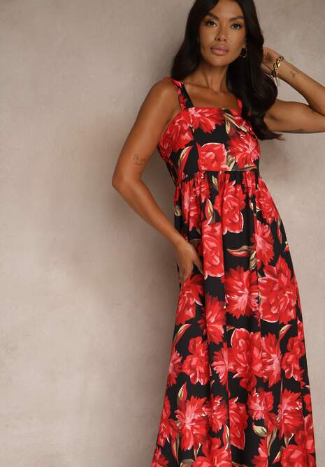 Czarna Sukienka z Wiskozą o Rozkloszowanym Kroju z Kwiatami Nilestra