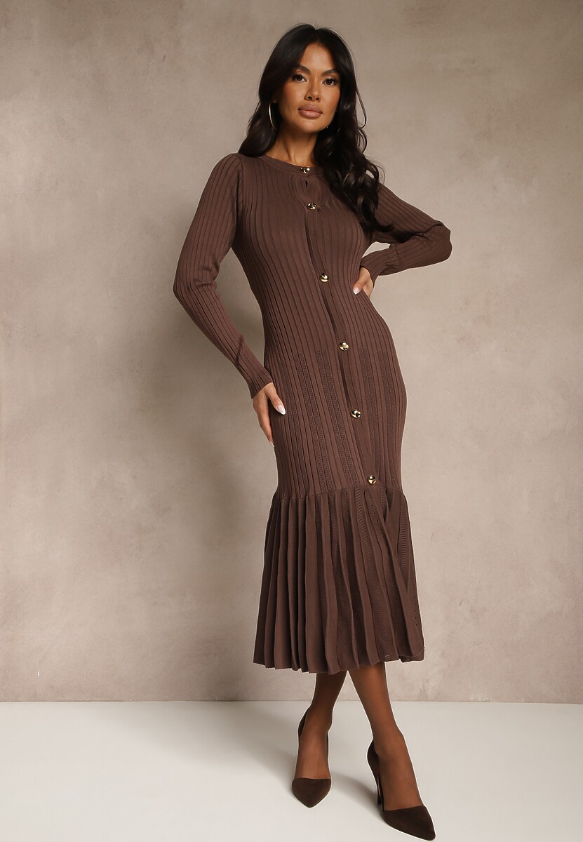 Brązowa Sweterkowa Sukienka z Wiskozą z Rozkloszowanym Dołem i Guzikami Fertilea