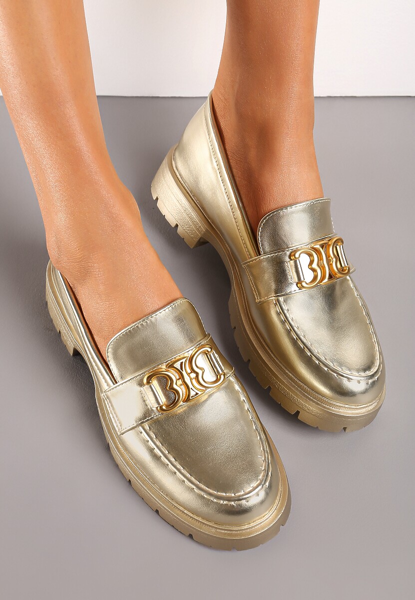 Złote Eleganckie Mokasyny Ozdobione Klamerką i Przeszyciem z Przodu Nastra