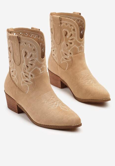 Brązowe Botki Kowbojki Vices na Słupku Ozdobione Haftem Nelithen